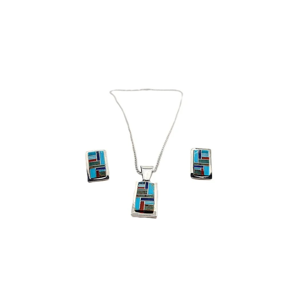 Authentic Patricia Becenti Navajo Inlay Necklace‎ & Earring Set Mosaic Jewelry**